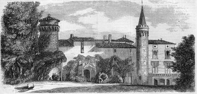 Architektura: pohled na hrad Saint Point (Saint-Point) (13. století), sídlo Alphonse de Lamartine. Saone a Loire (71). Rytina v „“ Le Monde Illustré““ č. 29 z 31. října 1857. od French School