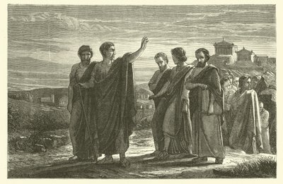 Aristoteles vyhoštěn z Atén se svými žáky (rytina) od French School