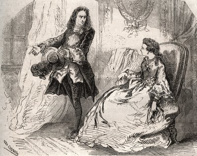 Armande Bejart (1641-1700), manželka Jean Baptiste Poquelin dit Moliere (1622-1673) se svým milencem, hrabětem z Guiche, rytina z roku 1871 v „Histoire Des Cocus Celebres““ od Henryho de Kocka (1819-1892). od French School