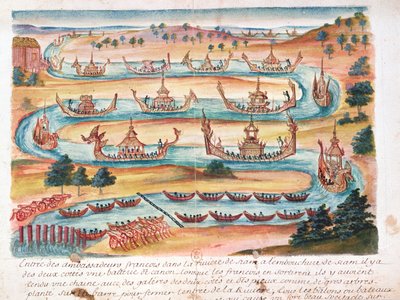 Příjezd francouzských velvyslanců do Siamu, z popisu jezuitů v Siamu, 1688 (wc na papíře) od French School