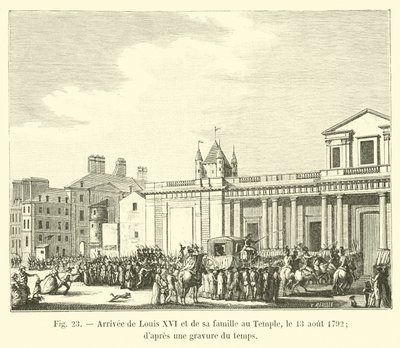 Příjezd Ludvíka XVI. a jeho rodiny do chrámu, 13. srpna 1792; z rytiny času od French School