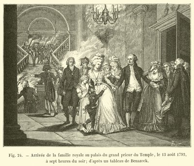 Příjezd královské rodiny do paláce velkopřevora chrámu, 13. srpna 1792, v sedm hodin večer; z obrazu od Benazecka od French School