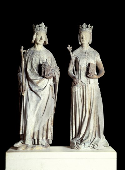Umění Francie: Sochy francouzského krále Karla V. známého jako Karel Moudrý (1338-1380) a francouzské královny Jeanne de Bourbon (1337-1378). Socha ve vápenci ze 14. století. Pravděpodobně z fasády východního vchodu do Louvru (dekor od French School