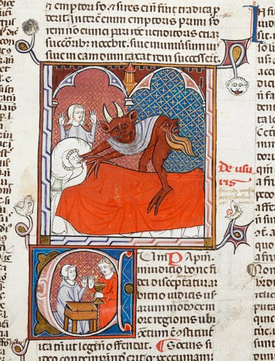 Arundel 484 f.245 Ďábel nebo démon na lůžku mrtvé osoby, ilustrace z Digestum Vetus s leskem ordinaria, od Justiniana, kolem 1300-10 (vellum) od French School