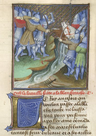 Arundel 67, f.144, Středověcí vojáci bojující přes řeku, z Chroniques d