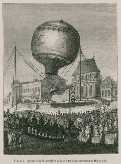 Výstup na balón Montgolfier; z dobových rytin od French School