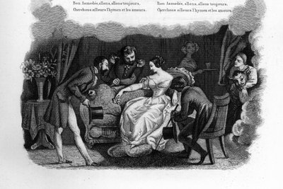 Asmodee. Krásná mladá žena v obývacím pokoji, které se dvoří tři uchazeči včetně dandyho a vojáka. Rytina do „“ Chants et chansons populaire de la France“, Tome 2 od French School