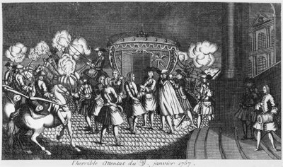 Atentát na krále Ludvíka XV (1710-74), který spáchal Robert Francois Damiens 5. ledna 1757. od French School
