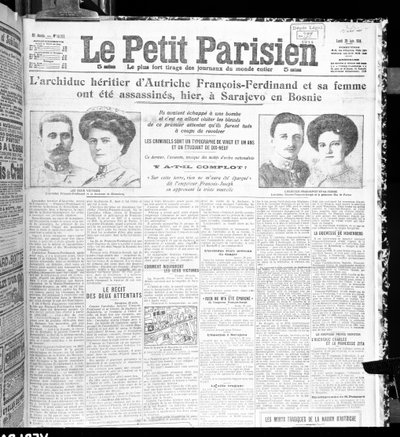 Atentát na arcivévodu Františka Ferdinanda Rakouského (1863-1914) a jeho manželku z Le Petit Parisien, 29. června 1914 od French School