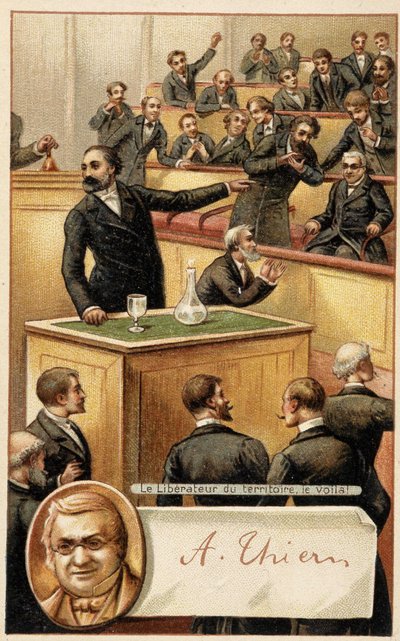 Shromáždění jásající Thiers, „“osvoboditel území““ a portrét v medailonu - chromo., konec 19. stol. od French School