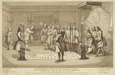 Shromáždění svobodných zednářů před zasvěcením mistra, z knihy Obřady náboženství a zvyklostí z roku 1733. od French School
