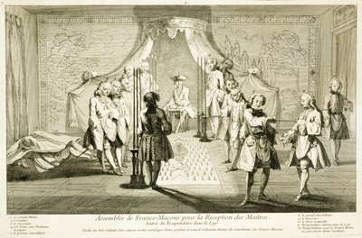 Shromáždění svobodných zednářů pro iniciaci mistra, vstup kandidáta do lóže, z Obřadů náboženství a zvyků, kolem roku 1733 od French School