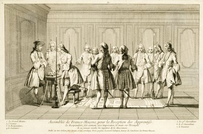 Shromáždění svobodných zednářů k zasvěcení učně, z Obřadů náboženství a zvyků, kolem roku 1733 od French School