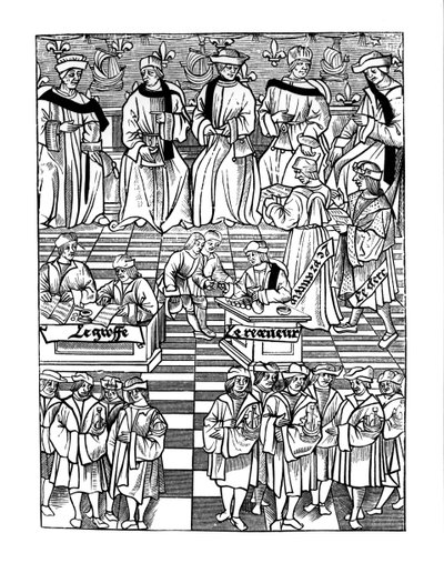 Shromáždění proboštství pařížských kupců po dřevorytu v Ordannances Royaux de la Jurisdiction de la Prevote de Marchands et Eschevinage de la Ville de Paris od Jacquese Nyverda, publis od French School