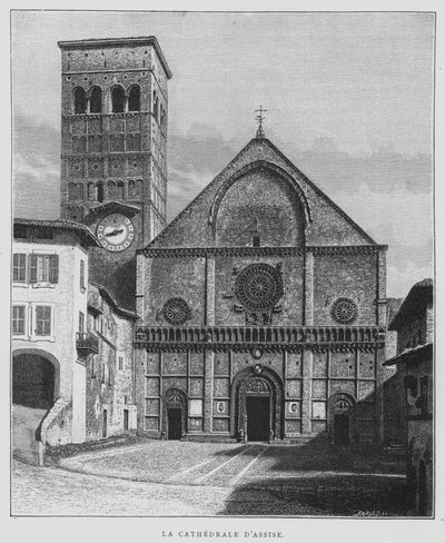 Katedrála v Assisi, Itálie (litho) od French School