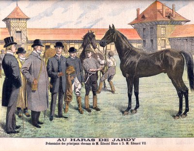 V hřebčíně Jardy u Paříže (Marnes-la-Coquette). Chovatel Edmond Blanc předváděl své nejlepší koně králi Edwardu VII. Stud Jardy. Prezentace hlavních koní pana Edmonda Blanca HM Edouard VII (1841-1910). Ilustrace pro Le petit Journal od French School