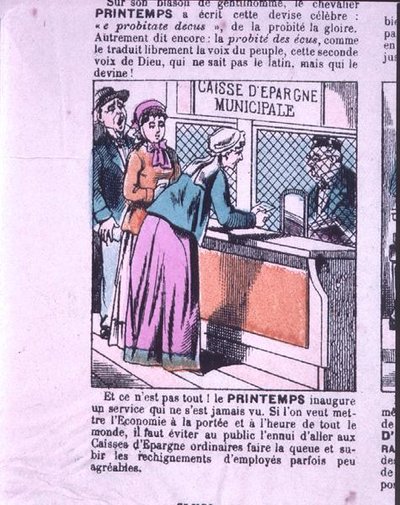 Na přepážce městské spořitelny vizitka s reklamou na obchodní dům „Le Printemps“, 2. polovina 19. století (barevná rytina) od French School