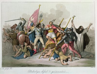Atahualpa (asi 1502-1533) poražen a zajat vojsky Francisca Pizarra (asi 1478-1541) 1820 od French School
