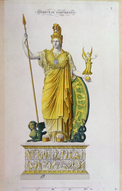 Athena Parthenos, socha z Parthenonu, Atény (barevná rytina) od French School