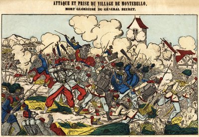 Útok a dobytí vesnice Montebello, slavná smrt generála Beureta v roce 1859. Obrázek Epinal od French School