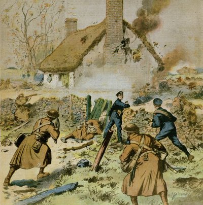 Útok policie a britských jednotek na farmu obsazenou Sinn-Fein, titulní strana Le Petit Journal, 5. prosince 1910 od French School