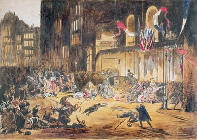 Pokus o život Napoleona III. a jeho manželky Eugenie od Felice Orsiniho a tří kompliců 4. ledna 1858 v Paříži (barevná rytina) od French School