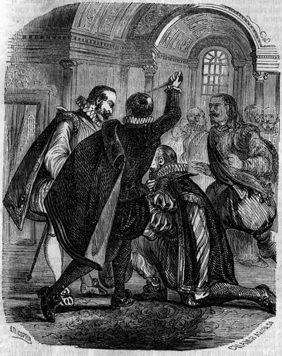 Pokus o atentát na Jeana Chastela (Jean Chatel) (1575-1594) na francouzského krále Jindřicha IV. dne 27. prosince 1594. Rytina z 19. století. od French School