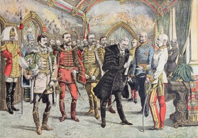 Rakousko-uherská krize - přijetí uherských magnátů císařem Františkem Josefem, ilustrace z Le Petit Journal, 15. října 1905 od French School