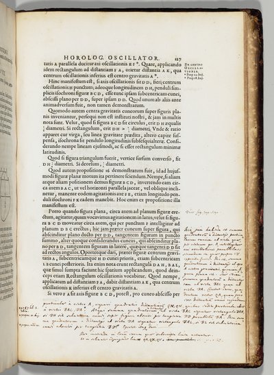 Autorova vlastní komentovaná kopie ‚Oscilační hodiny‘ nebo ‚Pohyb kyvadla‘ s geometrickými ukázkami přizpůsobenými hodinám“ od Christiaans Huygens (1629-95), Paříž: F. Muguet od French School