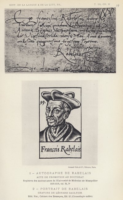 Autogram Rabelaise, Portrét Rabelaise (litho) od French School