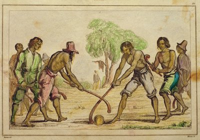 Míčová hra, oblíbené zvyky chilských indiánů (ručně kolorovaná rytina) od French School