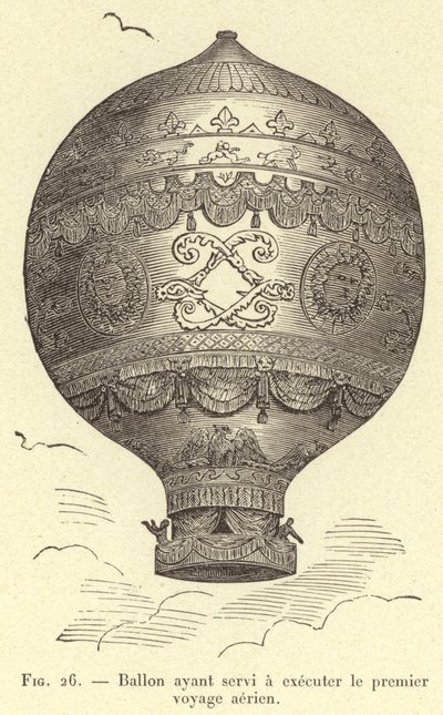 Balón použitý k první letecké cestě (rytina) od French School