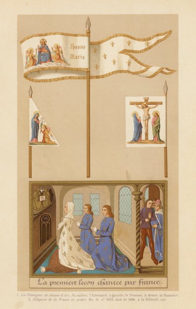 Prapory Johanky z Arku a alegorie Francie při modlitbě (chromolitho) od French School