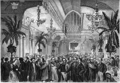 Banket novin „Le Figaro“, konaný 6. února 1864 v salonu Restaurant du Passage des Princes v Paříži, za účasti novinářů, spisovatelů, umělců... Přítomni zleva doprava: Nestor Roqueplan , paní Ugalde, de Montaut, Peter