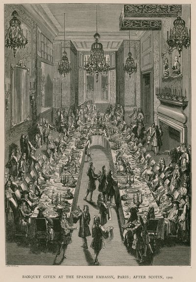 Banket na španělském velvyslanectví v Paříži; po Scotinu, 1707 od French School