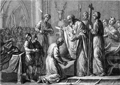 Bapteme of Clovis 1., 25. prosince 496: král franků (466-511) je pokřtěn svatým Remim (437-533), předvečerem z Remeše, v kostele svatého Martina. Rytina 18. století. od French School