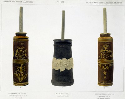 Barattes (pro výrobu másla) z opracované hlíny uchovávané v Alsaském muzeu, v.1800 od French School