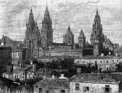 Barokní umění: pohled na katedrálu Santiago de Compostela (Santiago de Compostela). Španělsko. Rytina v „“ Le Monde Illustré““ č. 1220 ze 14. srpna 1880. od French School