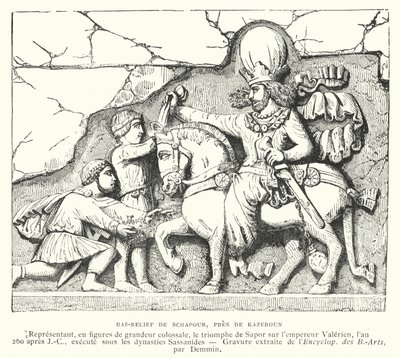 Basreliéf poblíž Kazerunu, Írán, zobrazující vítězství sásánovského krále Šapura I. nad římským císařem Valerianem v bitvě u Edessy, 260 (rytina) od French School