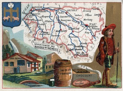 Bases Pyrenees, nyní Pyrenees-Atlantiques (Pyrenees Atlantiques, 64), Akvitánie, Francie. Termální lázně eau-bonnes (dobrá voda), brandy Armagnac, čokoláda, sůl a šunka bayonne. Seriál o francouzských departementech. Chromolitografie (Chromo)” od French School