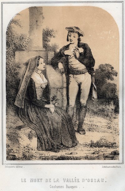 Baskové kostýmy – Němci údolí Ossau – rytina „Les soirees de mon strýc suvenýry a recitace de voyages“ od MORING MICHEL – konec 19. století od French School