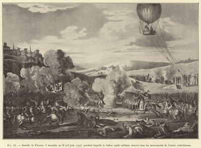 Bitva u Fleurus, 8. Messidor Rok II (26. června 1794), během níž zajatý vojenský balón sleduje všechny pohyby rakouské armády (rytina) od French School
