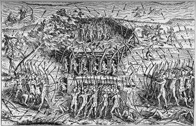 Bitva mezi francouzskou armádou Samuela de Champlain (cca 1567-1635) a Irokézy. Kanada, počátek 17. století. Rytina v „La Marine et les colonies: commerce“ od French School