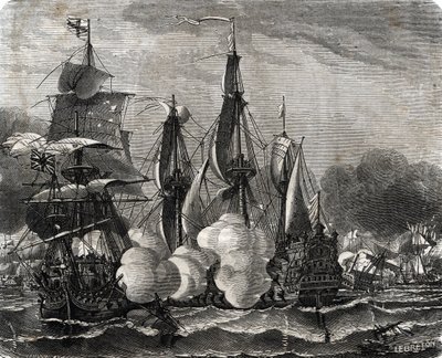 „Námořní střetnutí v bitvě u Bantry Bay se odehrálo 11. května 1689, týden před vyhlášením devítileté války (bitva u námořního střetnutí v Bantry Bay se odehrálo 11. května 1689, týden před vyhlášením devítileté války) Rytina z Lahure „Po od French School