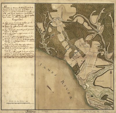 Bitva u Green Spring, Mapa země na levém břehu řeky James naproti Jamestownu ve Virginii, kde se odehrála bitva 6. července od French School