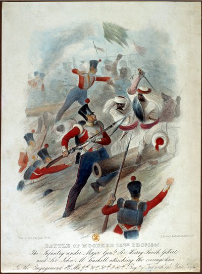 Bitva u Moodkee, 18. prosince 1845, č. 4 z války v Paňdžábu, vyryl W. Kohler podle LEnfant Bros., vydal William Spooner, kolem roku 1845 od French School