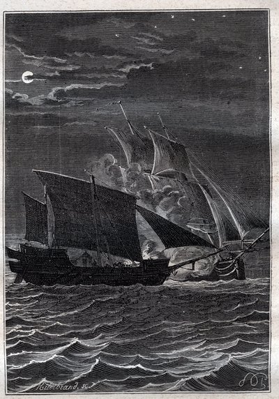 Bitva o vlaštovku a malajský paro: Vlaštovka Philipa Cartereta nebo Philippe de Carteret (1733-1796) bojovala s malajskou pirátskou lodí v indonéských vodách v roce 1767 - ilustrace z „Velkých námořníků 18. století““ od French School