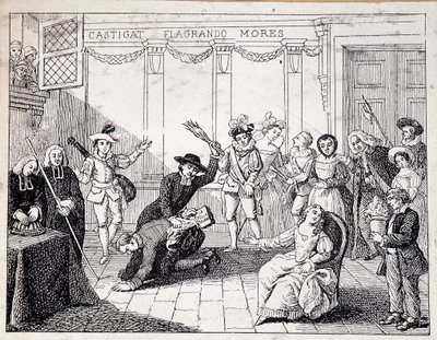 Beaumarchaisovo bičování v Saint Lazare - scéna Beaumarchaisova soudního procesu, v ruce drží brožuru Folle journee - z ap. obrazu Comedie Francaise, rytina od French School