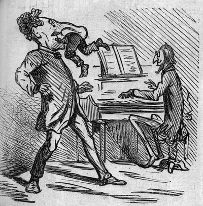 Než zazpívá hudbu pana Offenbacha, tenorista Hyacinthe dostane ránu, aby si trochu ulevil tóny hlavy. Francouzský naturalizovaný německý skladatel Jacques Offenbach (1819-1880) hrající na klavír a Louis Hyacinthe Duflost, dit Hyacinthe od French School