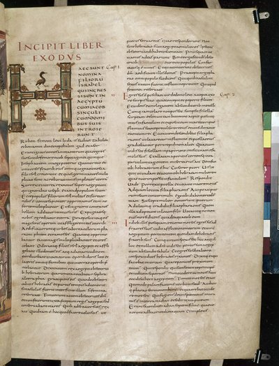 Začátek Knihy Exodus se zdobenou iniciálou „H“ z Moutier-Grandval Bible, od French School